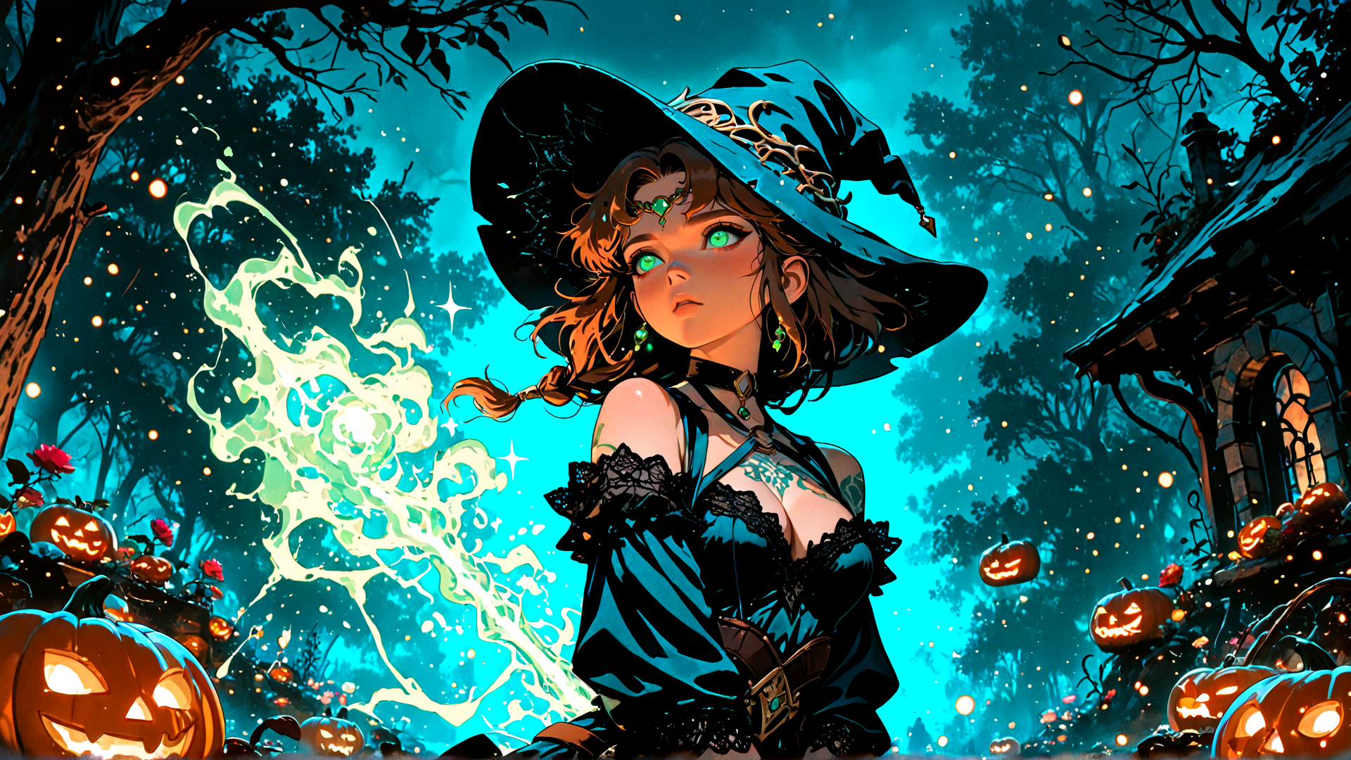 AI generated wallpaper featuring witch, pumpkin, forest, house, sparkles, magic, halloween, trees, woman, fire