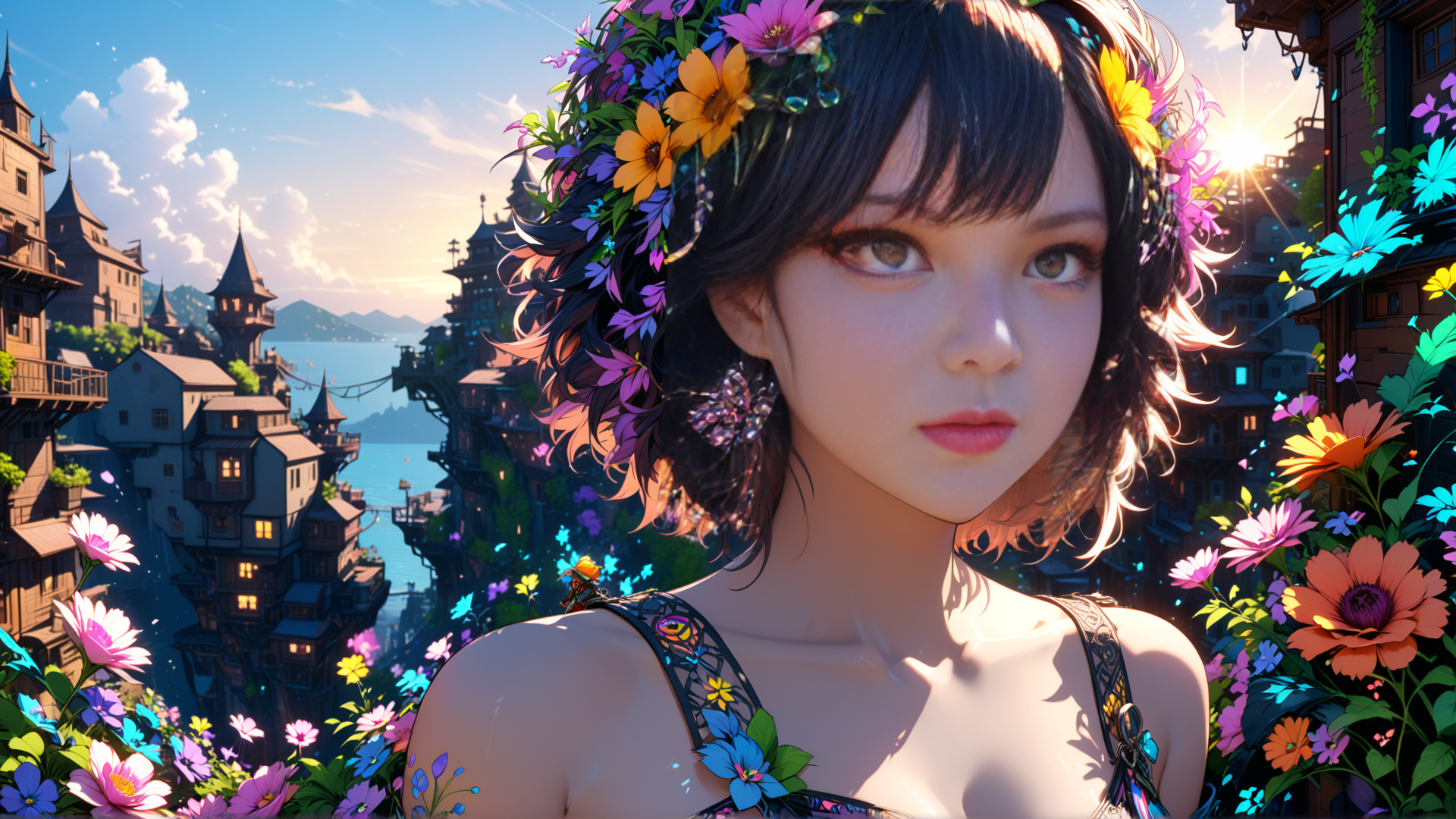 AI generated wallpaper featuring woman, flowers, city