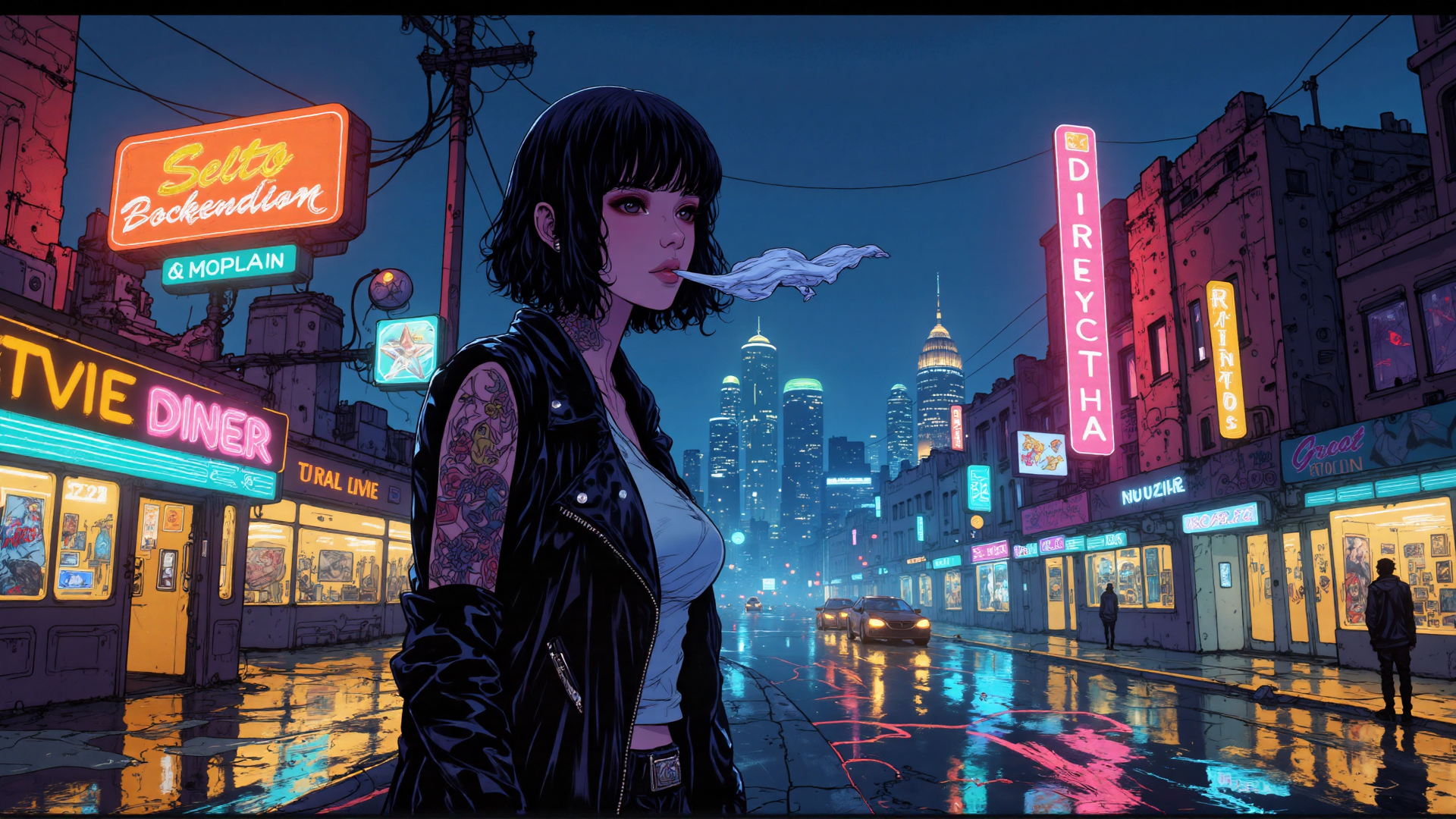 AI generated wallpaper featuring woman, city, neon, tattoo, street, diner, signs, cars, buildings, smoke