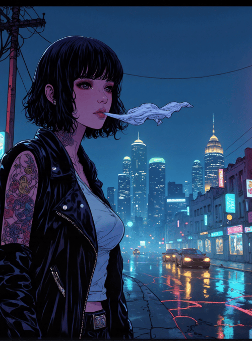 woman, city, neon, tattoo, street, diner, signs, cars, buildings, smoke