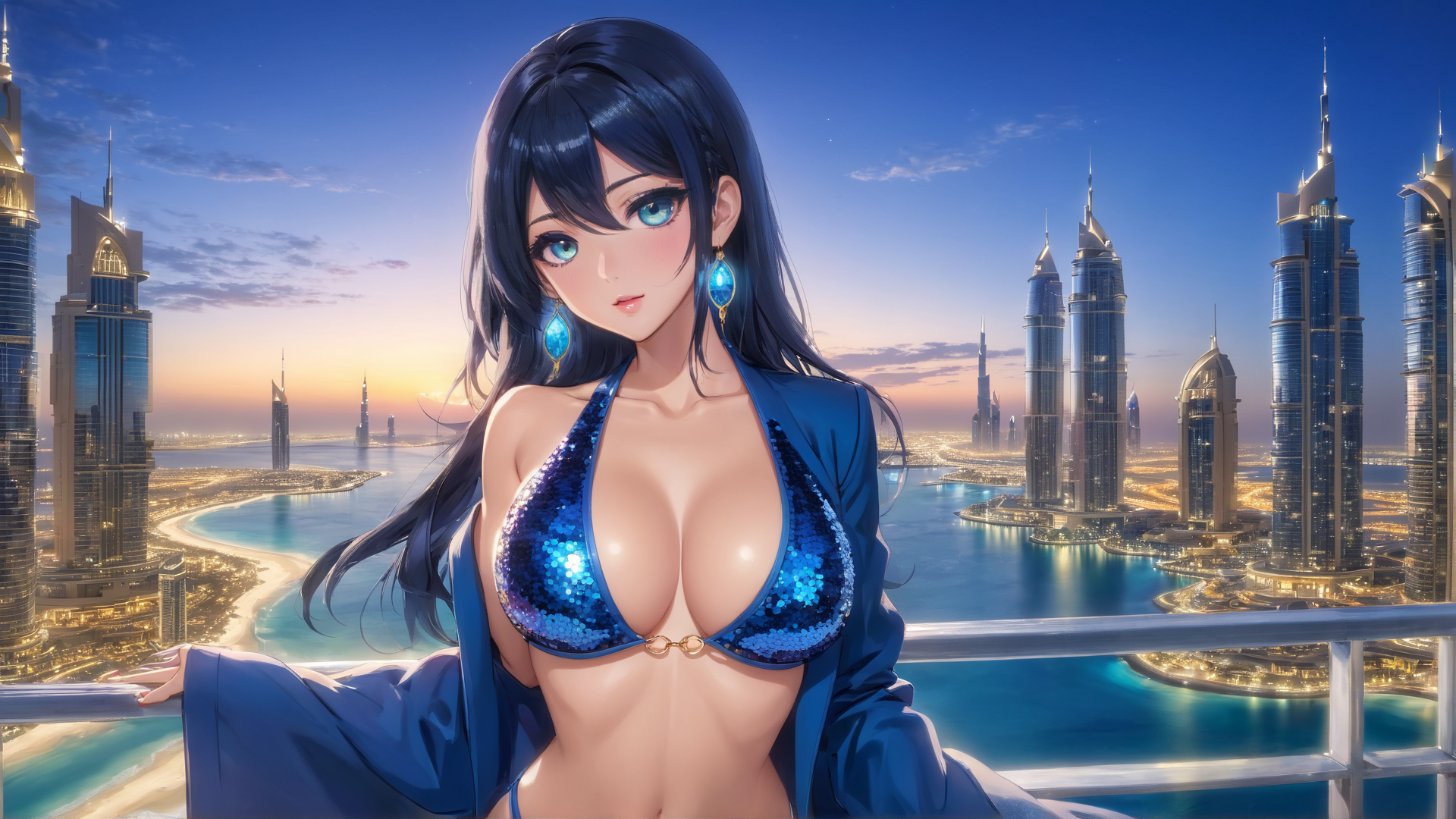 AI generated wallpaper featuring woman, cityscape, sunset