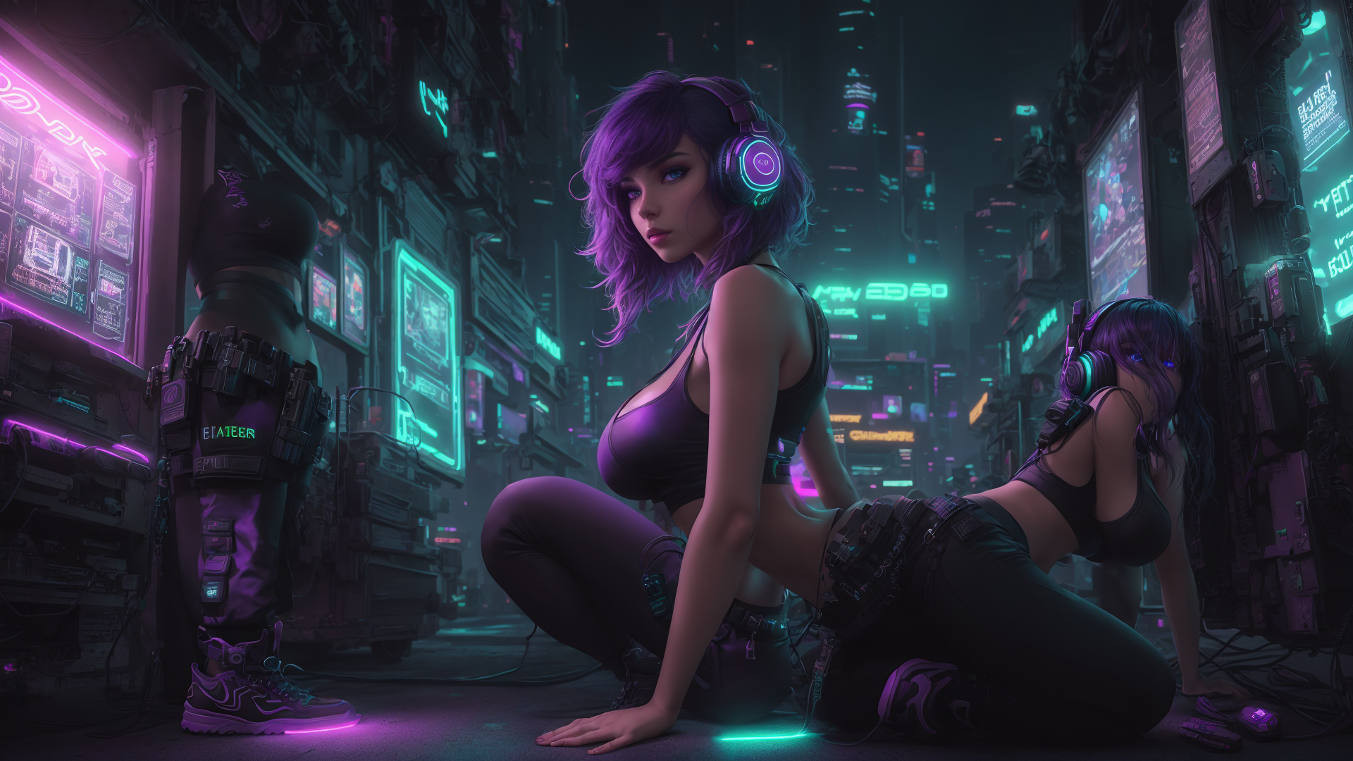 AI generated wallpaper featuring women, cyberpunk, neon