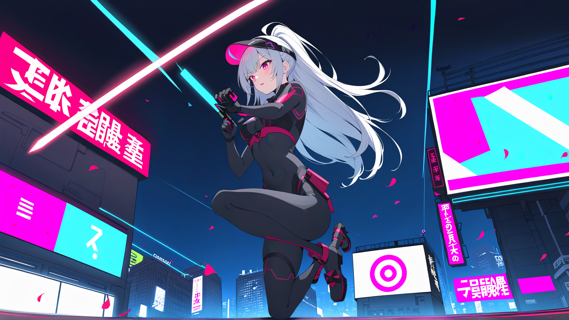 AI generated wallpaper featuring anime girl, neon city, cyberpunk