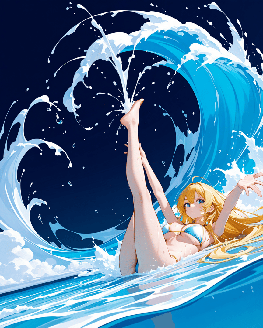 AI generated wallpaper featuring girl, wave, water, swimming, leg, blonde, hair, bikini, ocean, splash