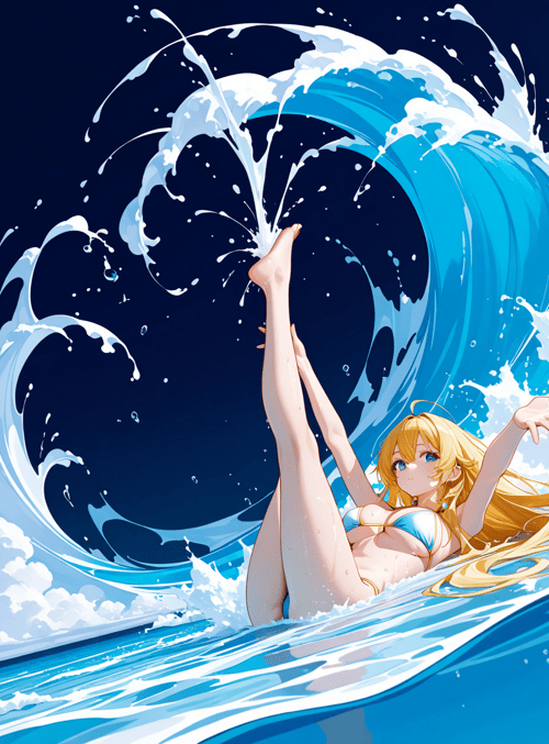 girl, wave, water, swimming, leg, blonde, hair, bikini, ocean, splash