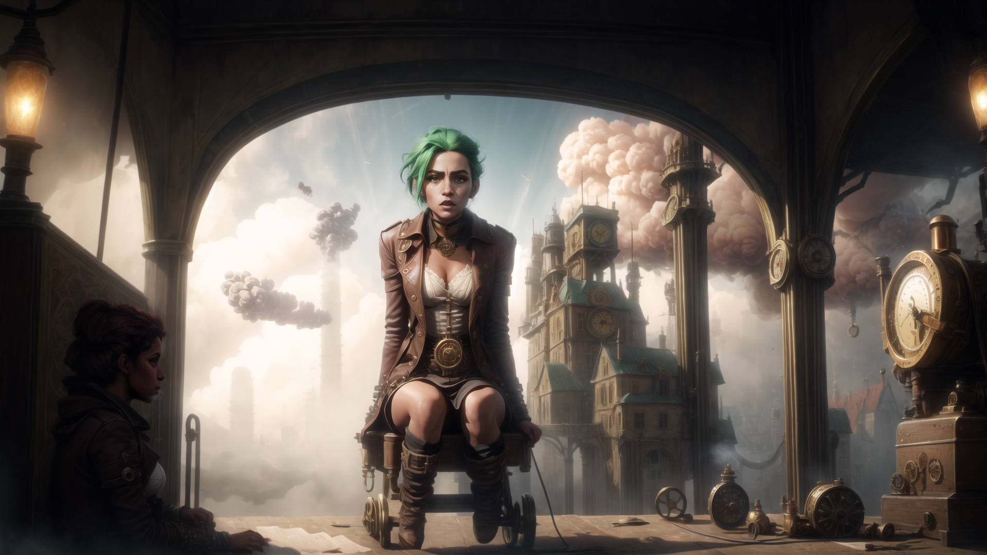 AI generated wallpaper featuring woman, clock tower, steampunk, cityscape, character
