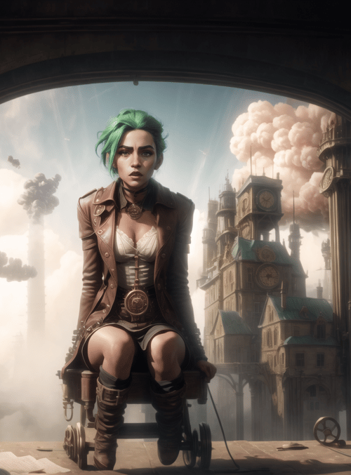woman, clock tower, steampunk, cityscape, character