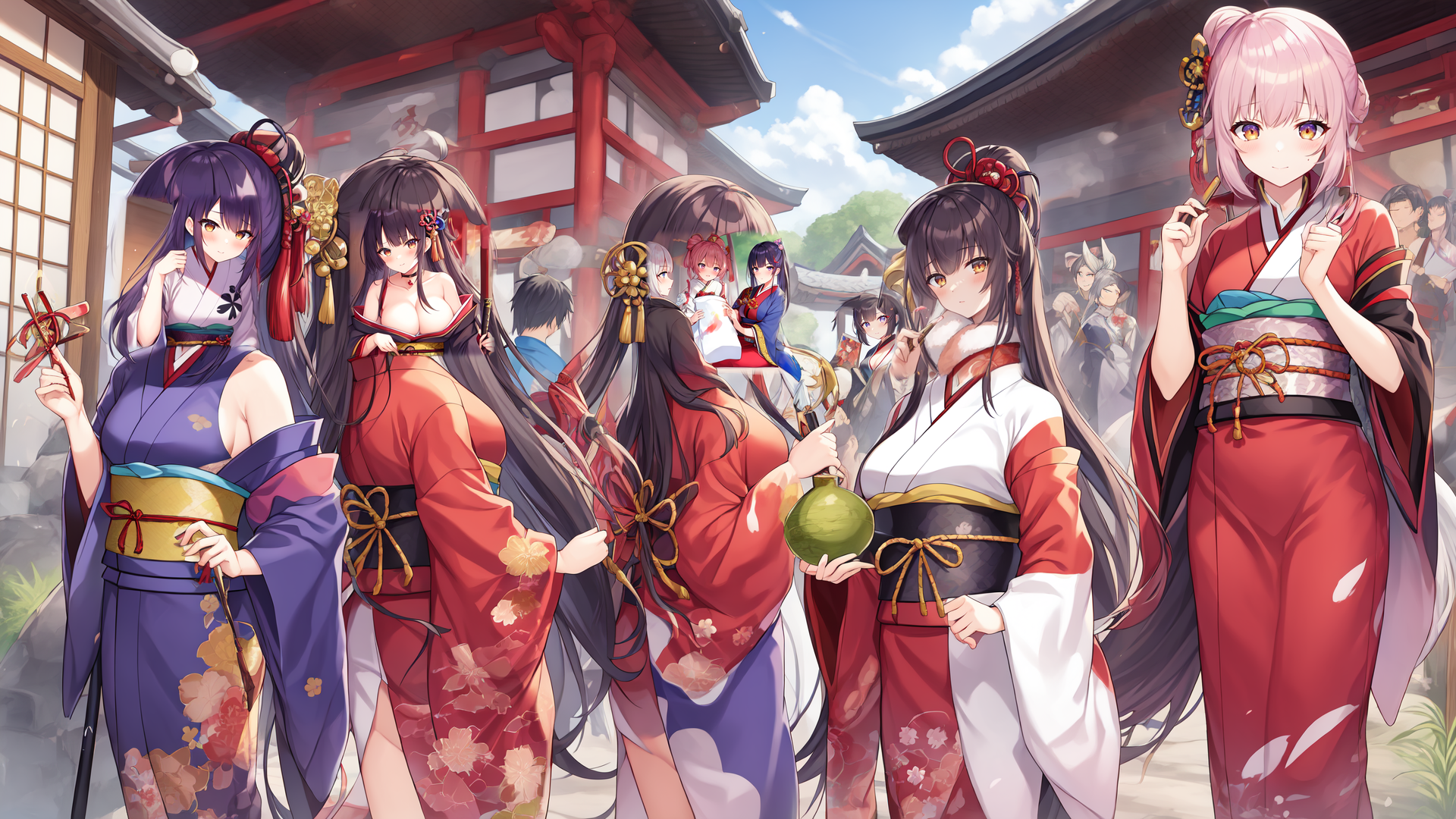 AI generated wallpaper featuring women, kawaii, geisha, maid, sakura, kimono, anime, character, gathering, festive