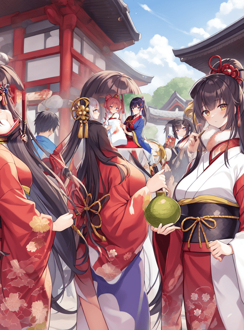 women, kawaii, geisha, maid, sakura, kimono, anime, character, gathering, festive
