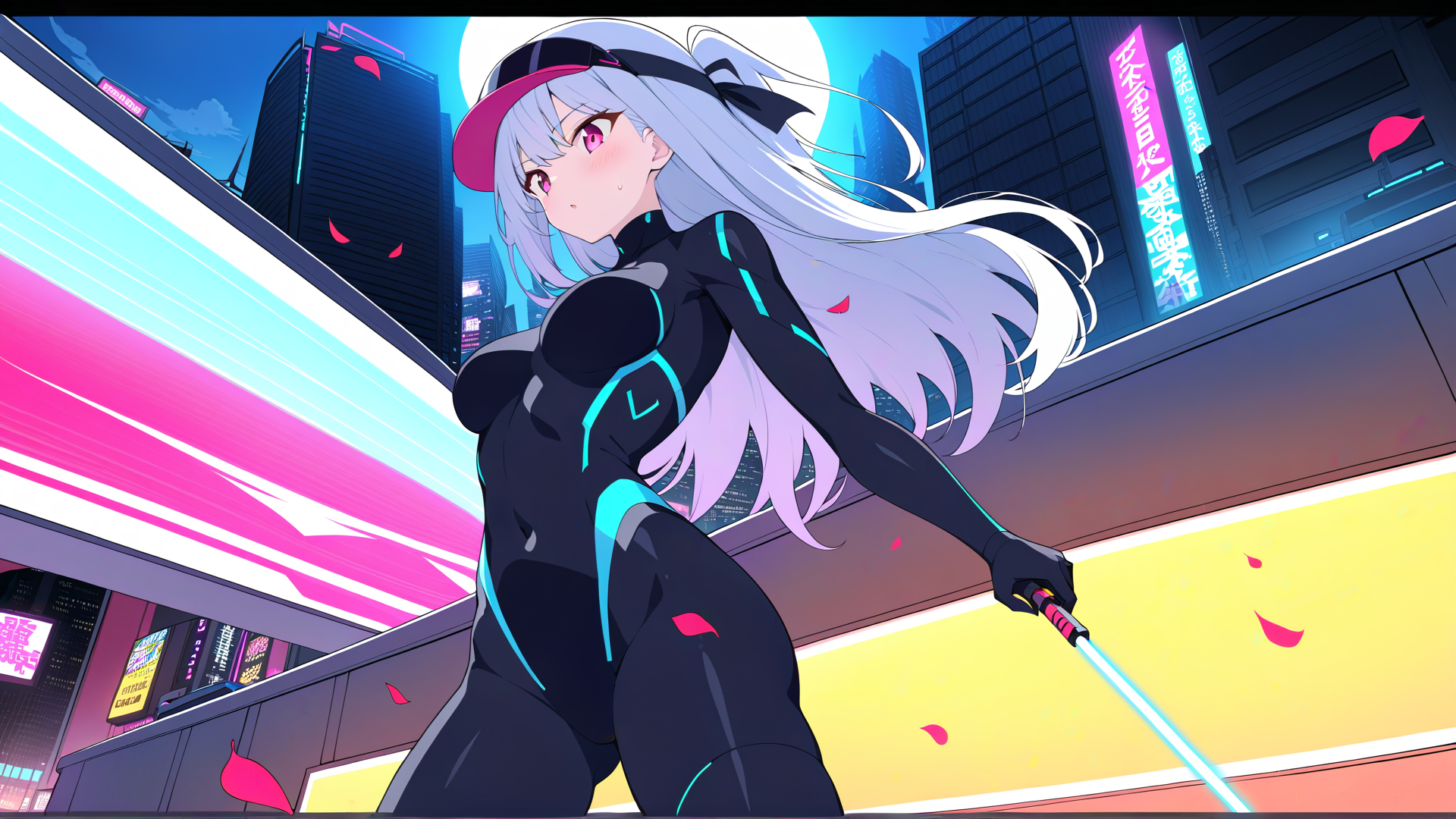 AI generated wallpaper featuring anime girl, futuristic outfit, lightsaber