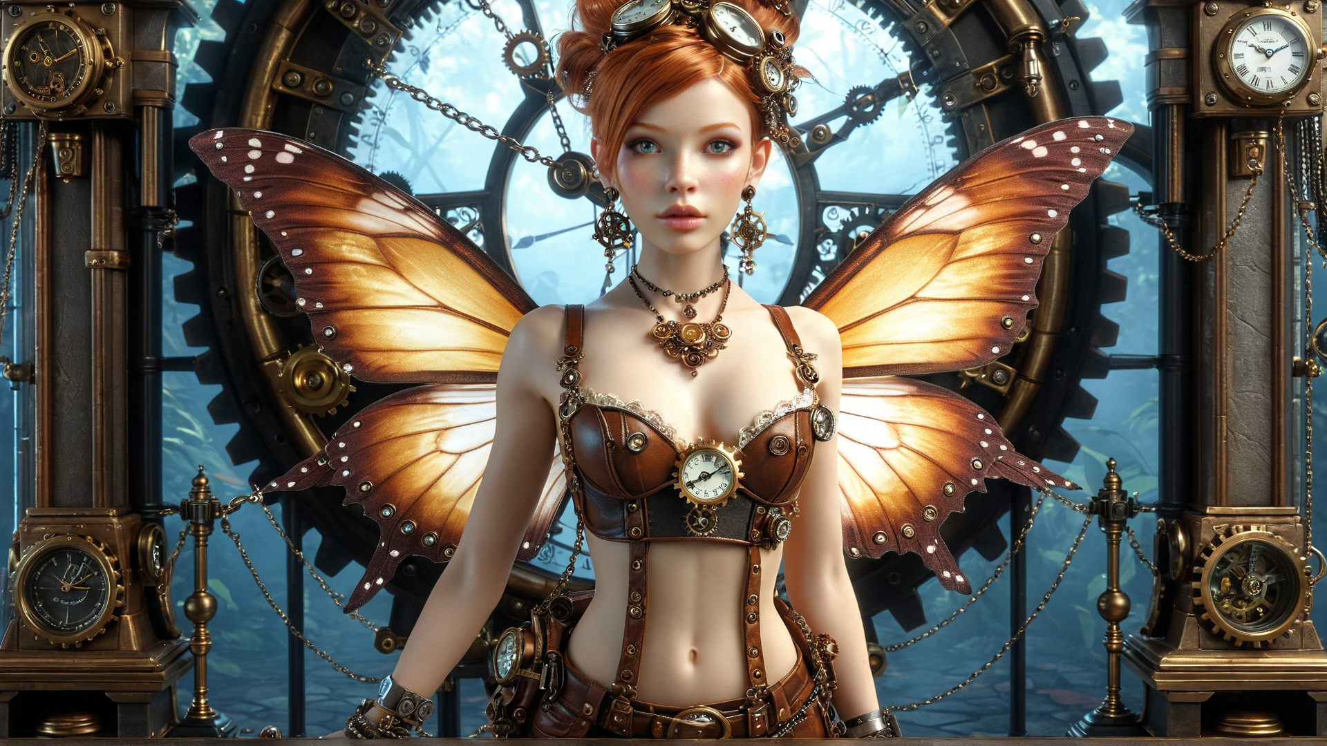 AI generated wallpaper featuring woman, butterfly, clock, gears, steampunk, clockwork, fairy, mechanical, timepiece, wings