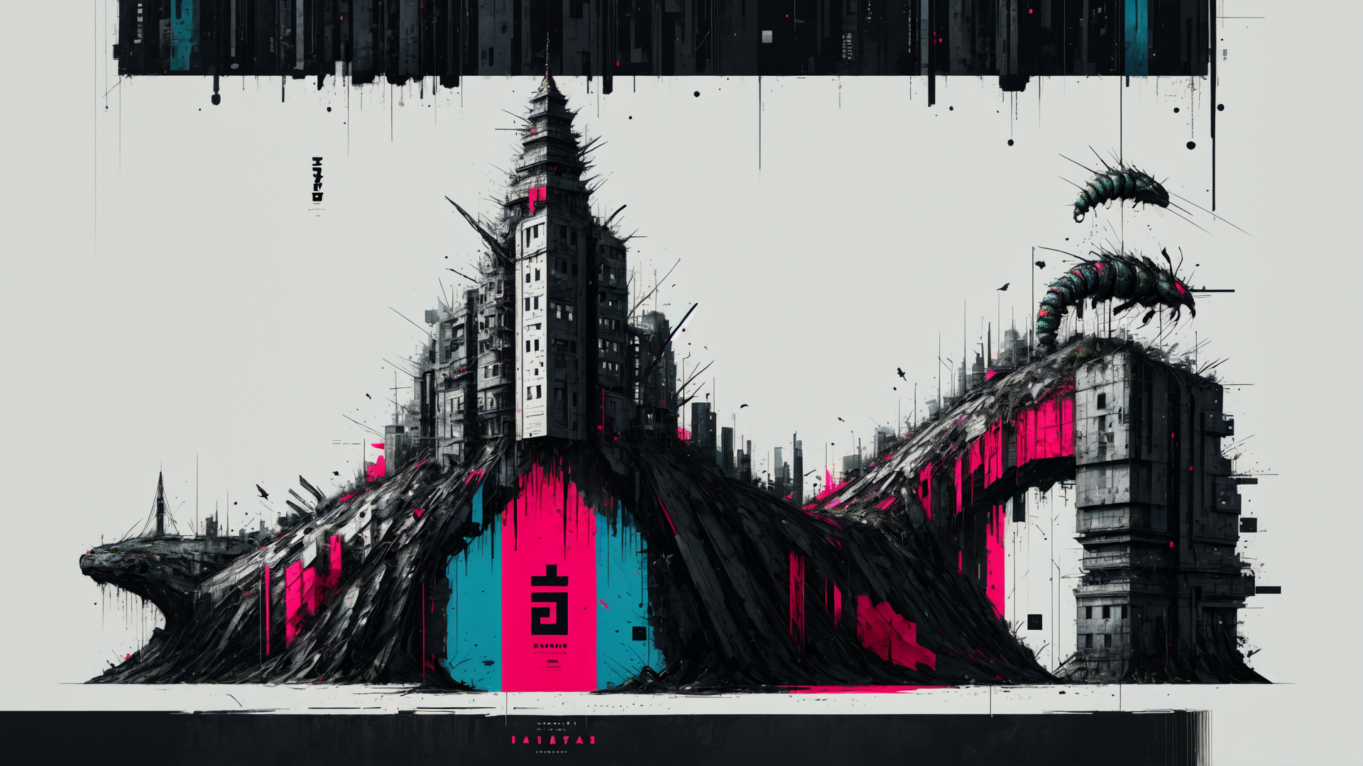 AI generated wallpaper featuring city, building, dragon, structure, tower, creature, skyscraper, monument, arch, monument