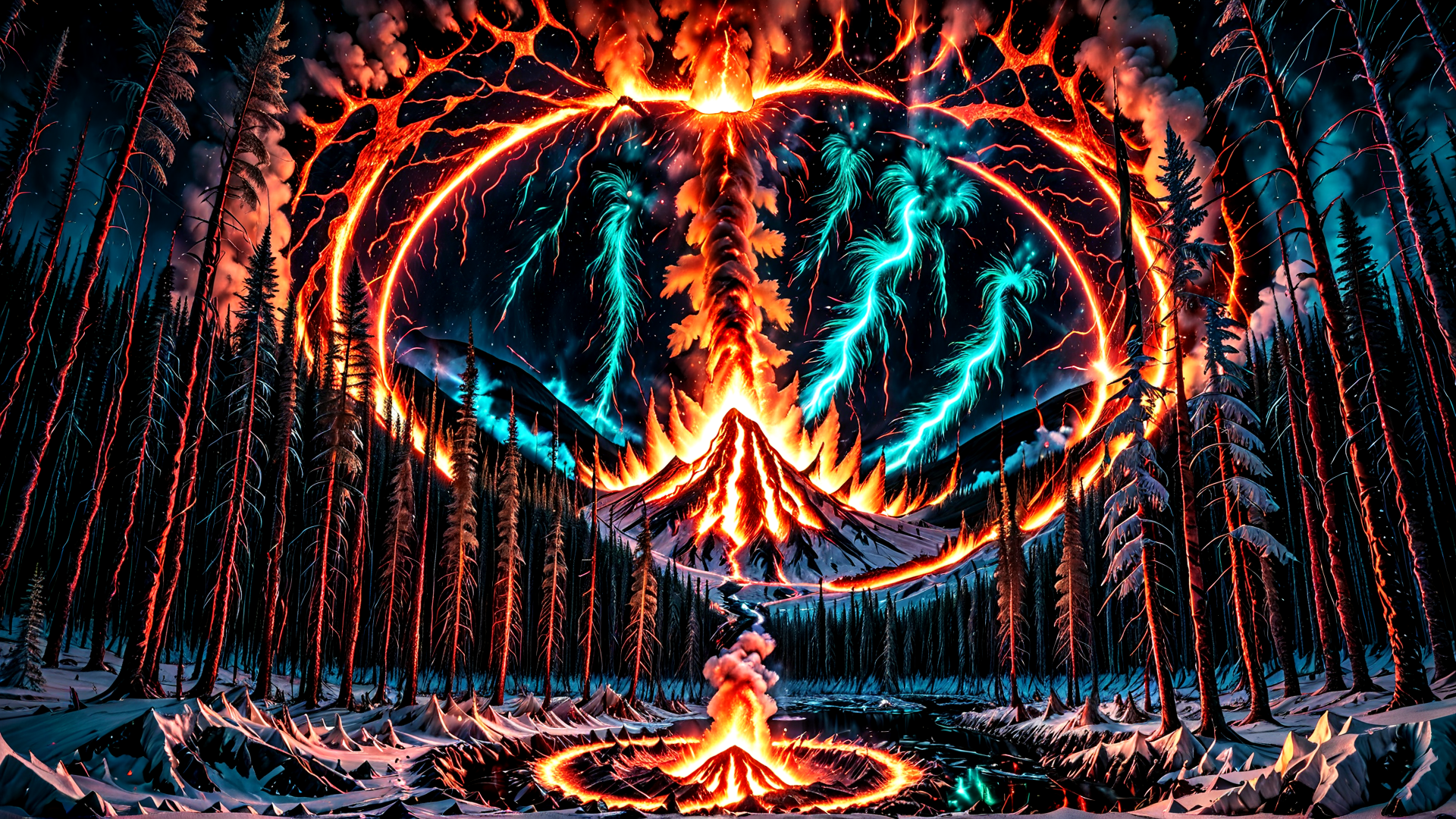 AI generated wallpaper featuring volcano, forest, aurora, mountain, fire, trees, lake, circular, lightning, snow