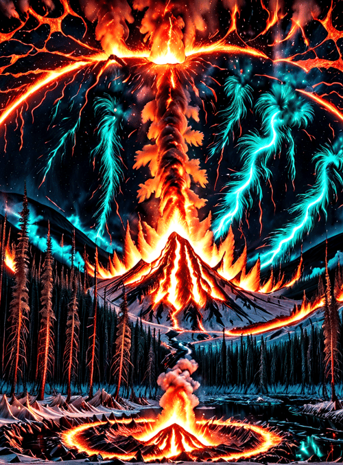 volcano, forest, aurora, mountain, fire, trees, lake, circular, lightning, snow