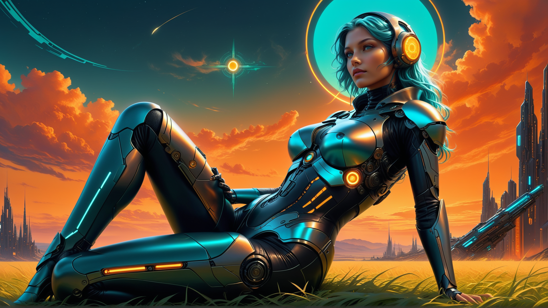 AI generated wallpaper featuring cyborg, futuristic, robot, armor, woman, headphones, cityscape, sunset, grass, spaceship