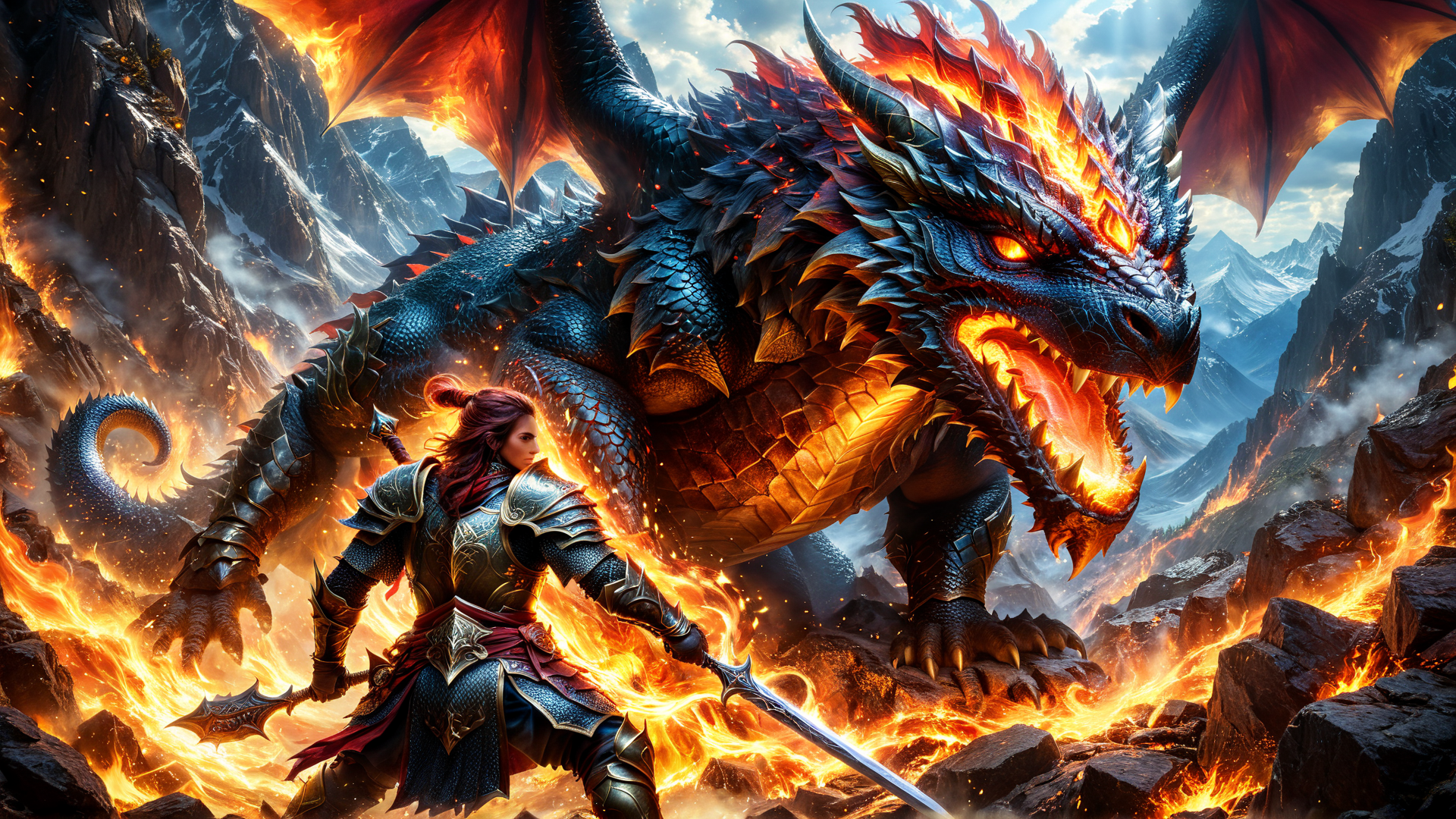 AI generated wallpaper featuring dragon, warrior, fire, mountain, sword