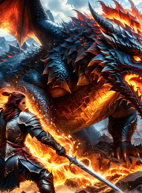 dragon, warrior, fire, mountain, sword
