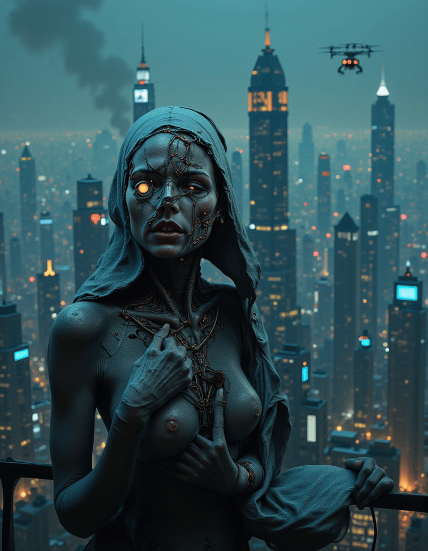 AI generated wallpaper featuring cyborg, woman, cityscape, drone, neon, futuristic, urban, technology, night, hood