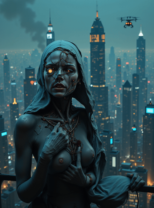 cyborg, woman, cityscape, drone, neon, futuristic, urban, technology, night, hood