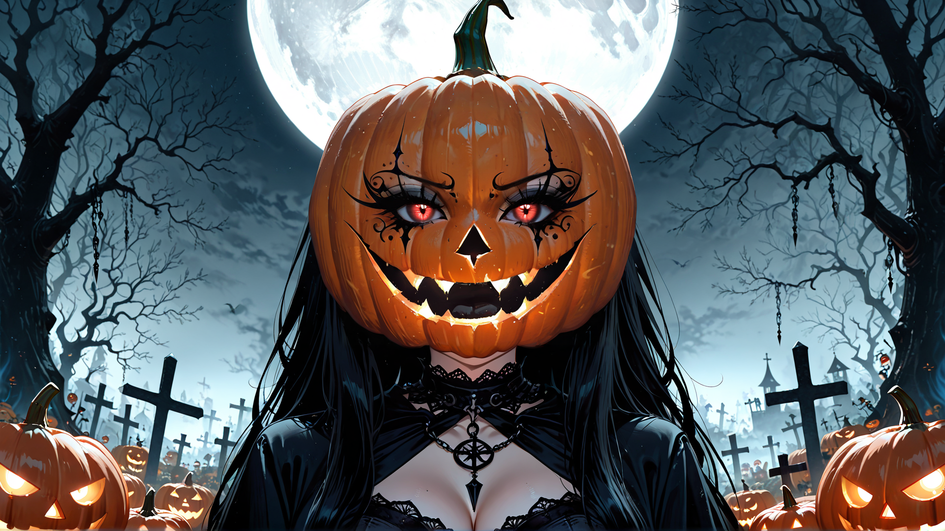 AI generated wallpaper featuring pumpkin, woman, halloween, graveyard, moon, jack-o'-lantern, cross, trees, chains, lanterns