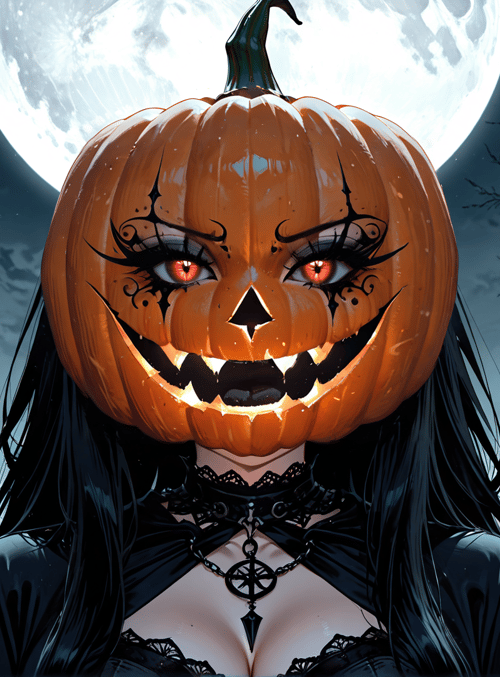 pumpkin, woman, halloween, graveyard, moon, jack-o'-lantern, cross, trees, chains, lanterns