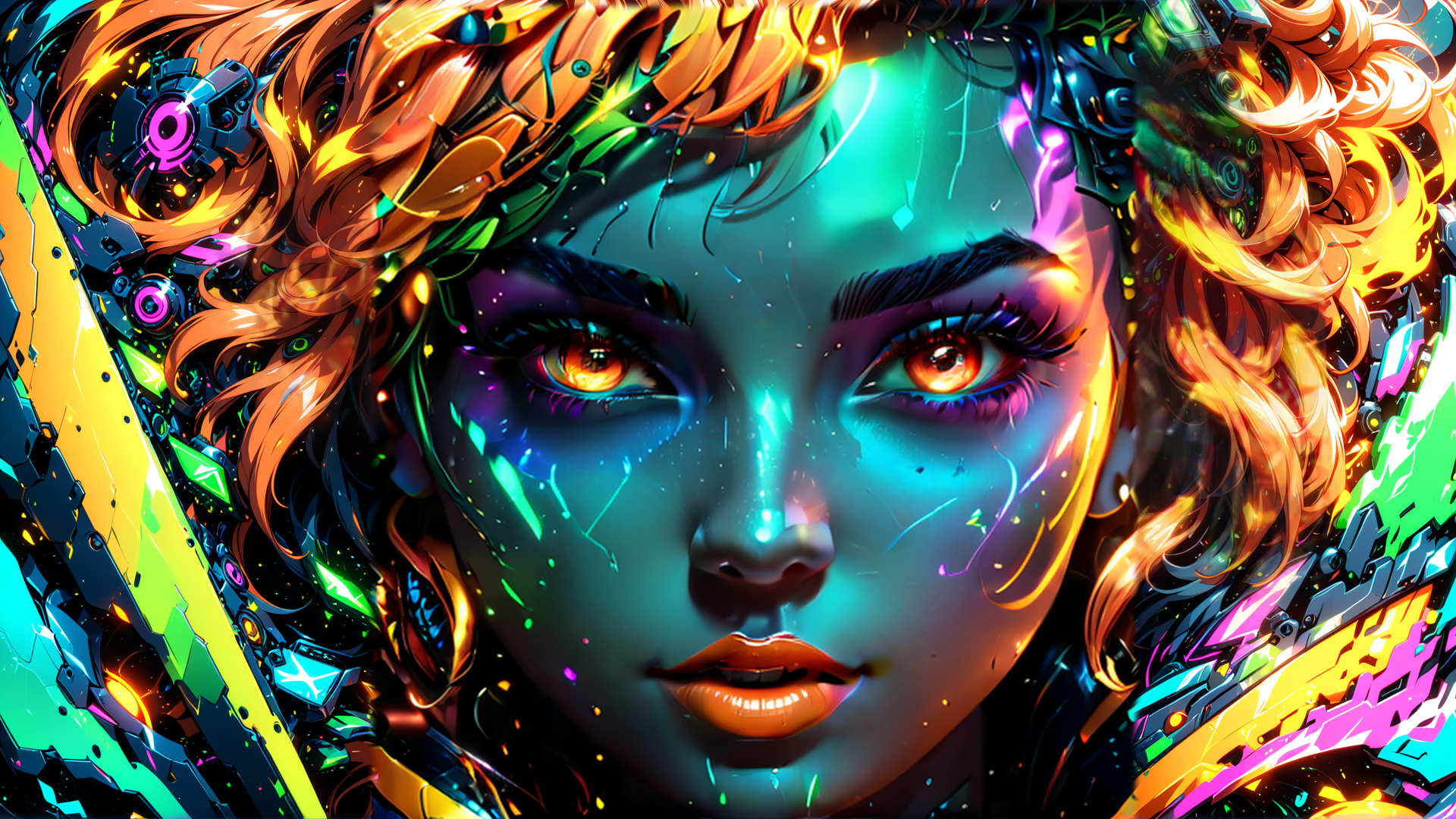 AI generated wallpaper featuring cybernetic, woman, neon