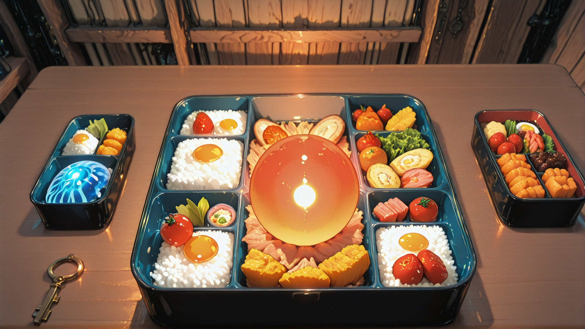 AI generated wallpaper featuring bento box, rice, egg, tomato, sushi, key, candle, salad, cheese, fruit