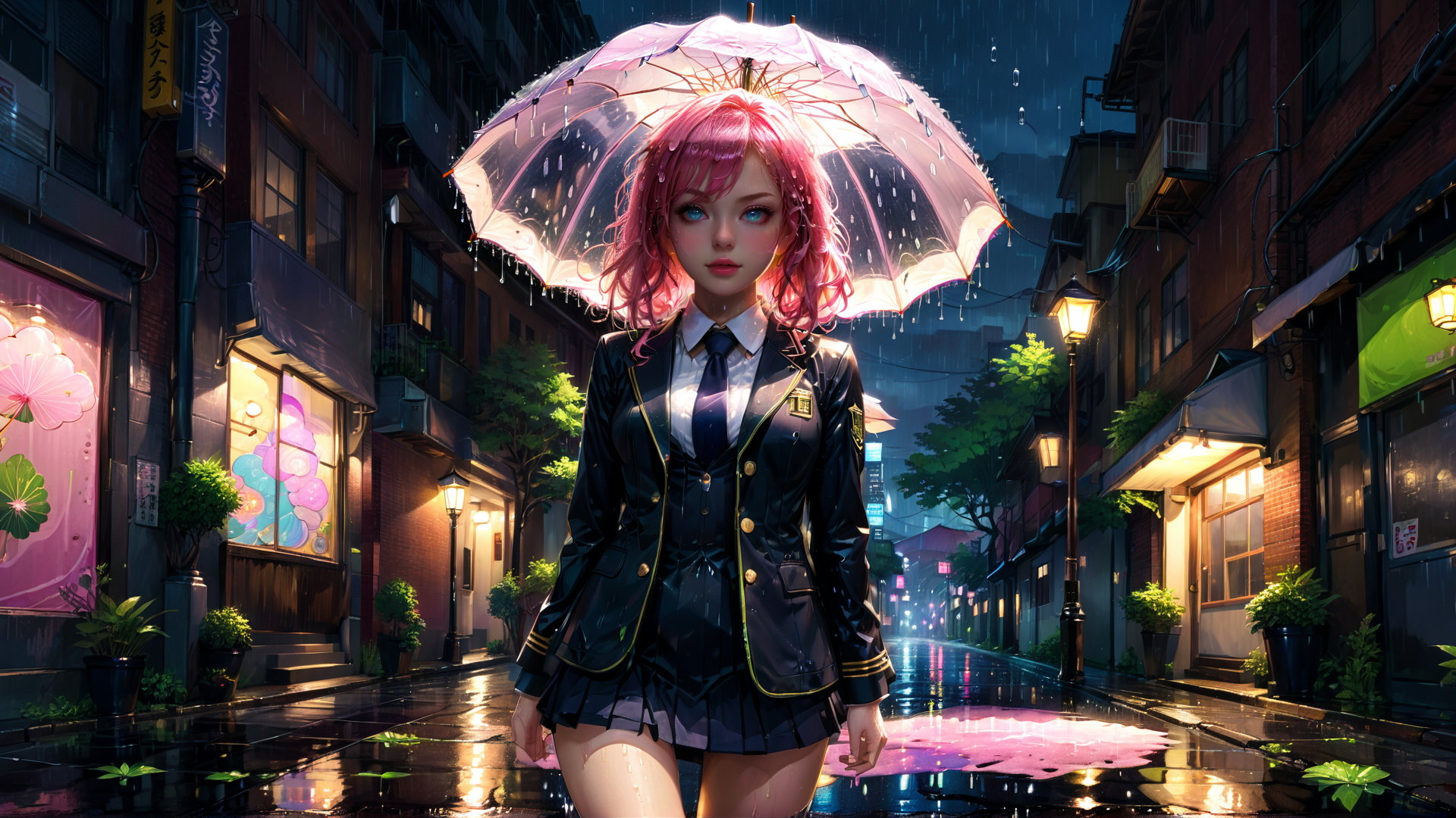 AI generated wallpaper featuring girl, umbrella, school uniform, street, rain, building, lamp, flower, window, shoe