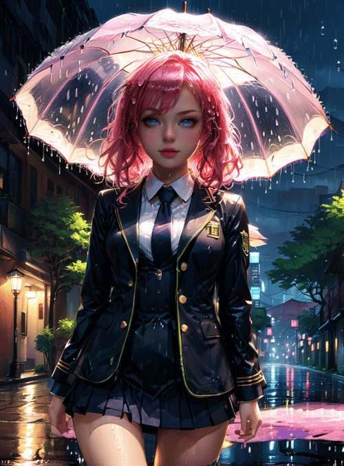 girl, umbrella, school uniform, street, rain, building, lamp, flower, window, shoe