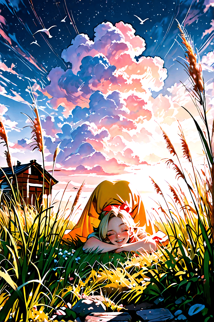 AI generated wallpaper featuring girl, grass, clouds, house, seagulls, sunlight, flowers, field, sky, tent