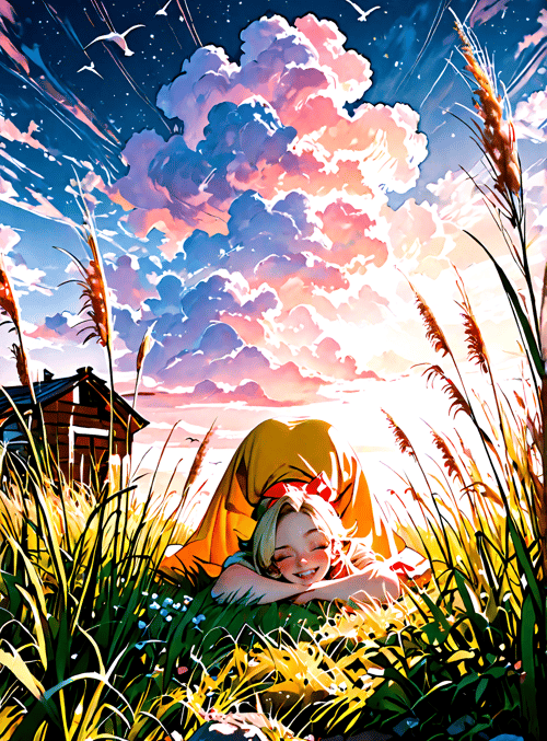 girl, grass, clouds, house, seagulls, sunlight, flowers, field, sky, tent