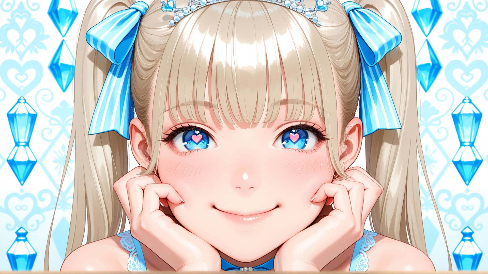 AI generated wallpaper featuring anime girl, double ponytail, blue bow, heart eyes, diamond, cheerful