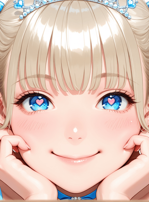 anime girl, double ponytail, blue bow, heart eyes, diamond, cheerful