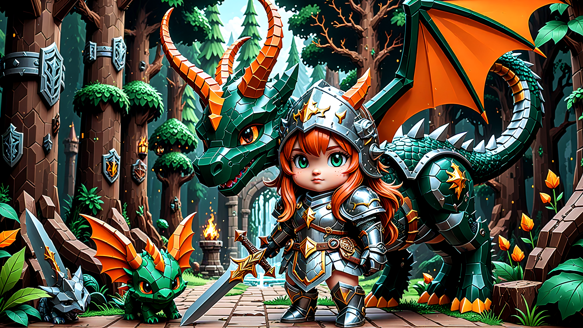 AI generated wallpaper featuring child, dragon, armor, sword, forest