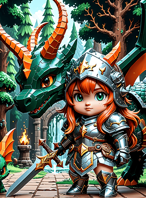 child, dragon, armor, sword, forest