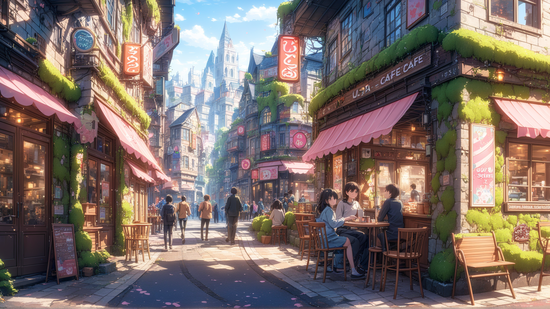 AI generated wallpaper featuring street, cafes, people