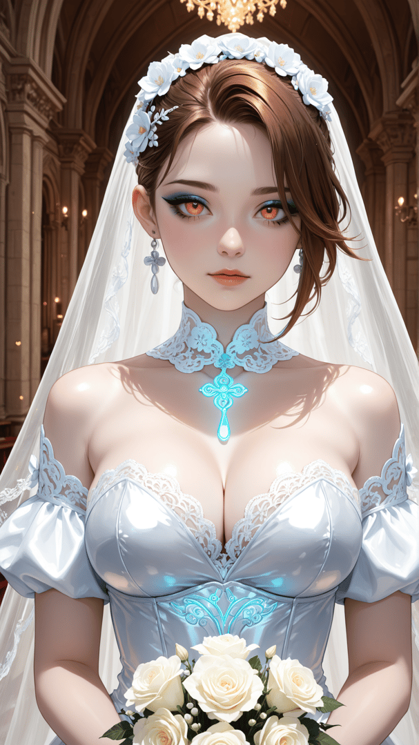 AI generated wallpaper featuring bride, veil, flowers, dress, chapel