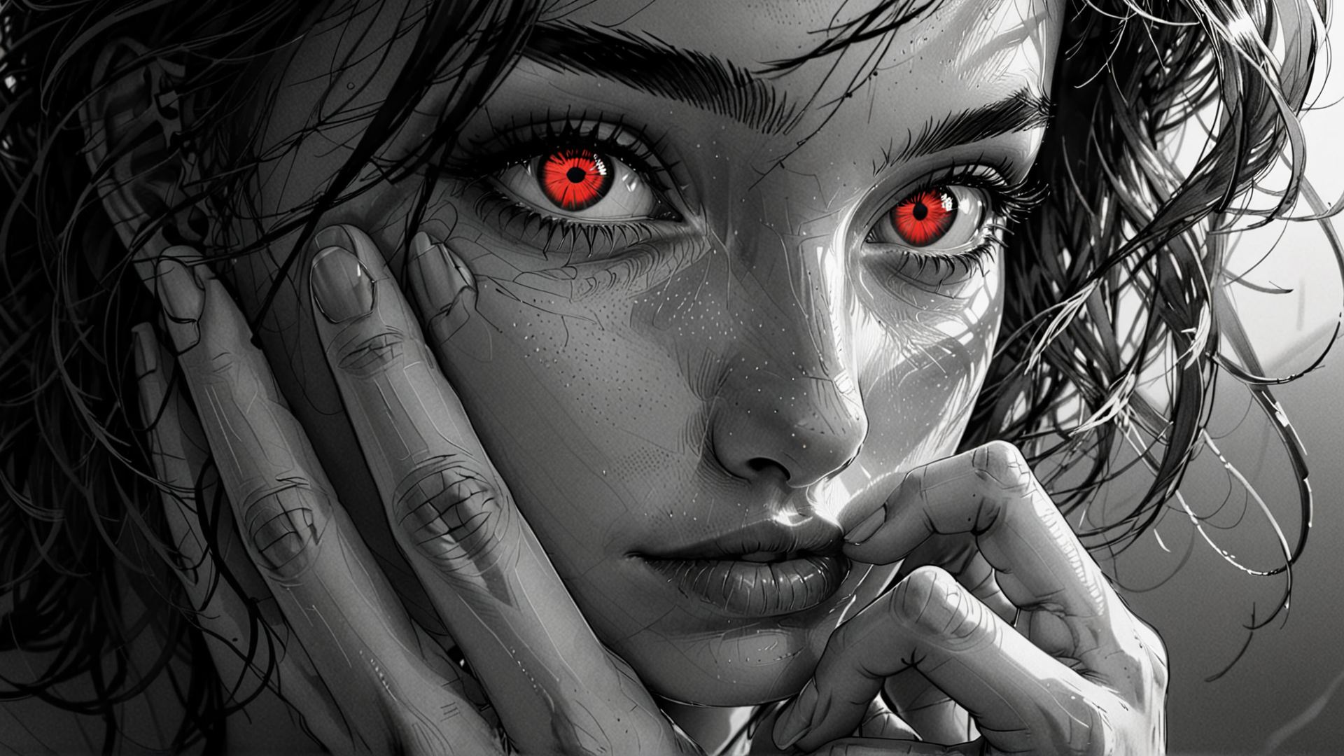 AI generated wallpaper featuring woman, hands, eyes, hair