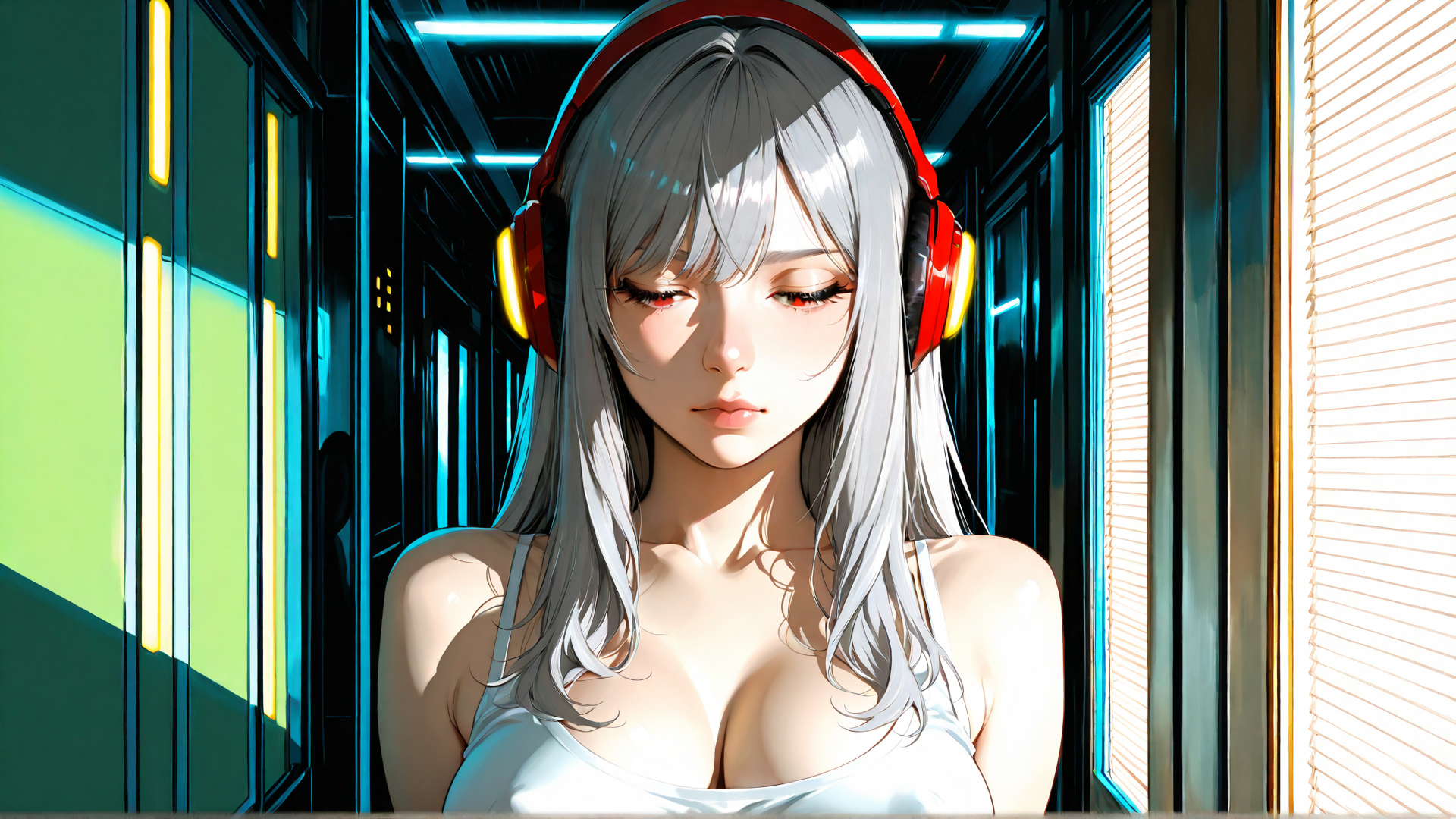 AI generated wallpaper featuring woman, headphones, hair, window, corridor, blouse