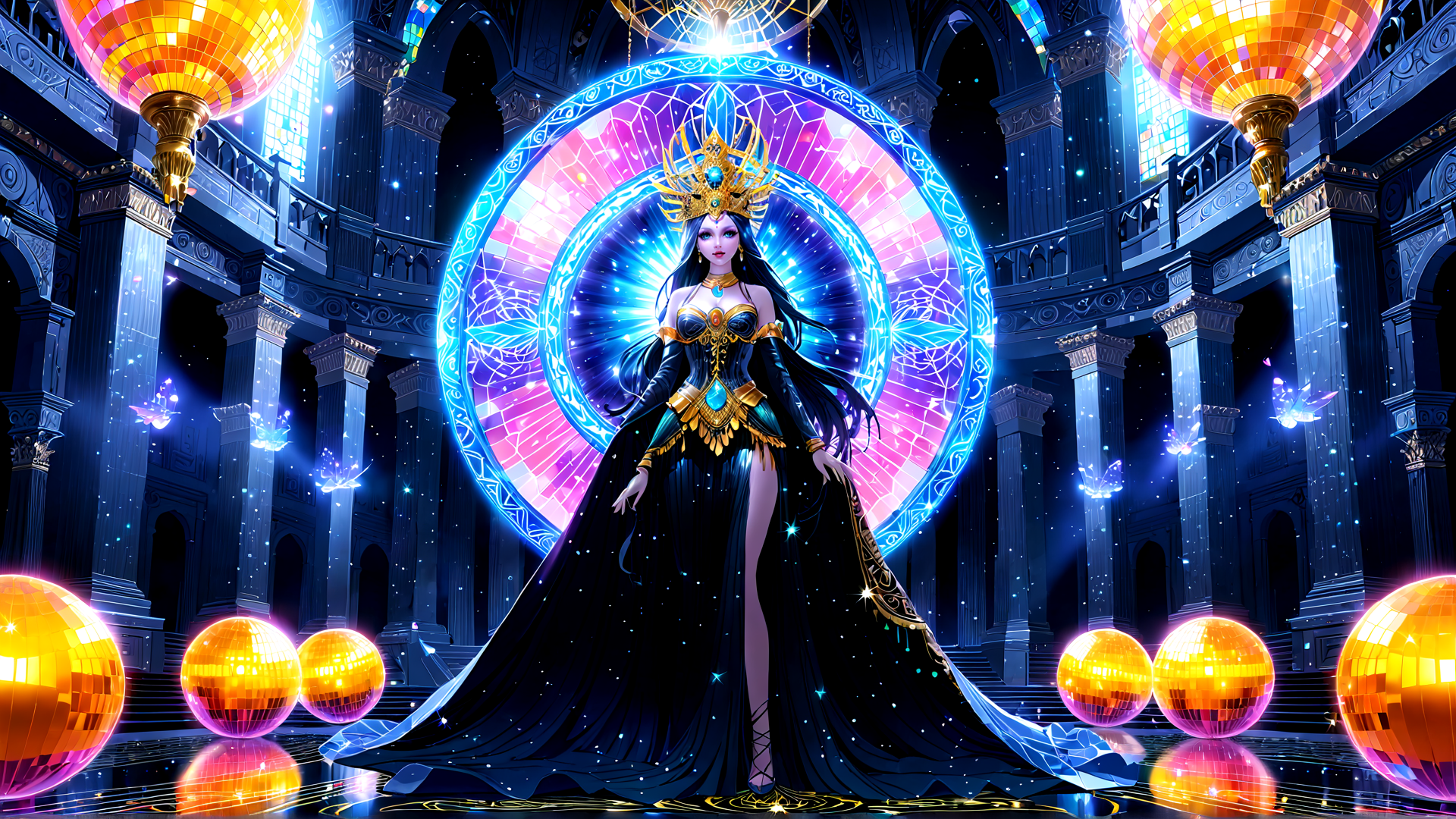 AI generated wallpaper featuring queen, crown, gown, sphere, butterfly, column, chandelier, stained glass, dress, orb