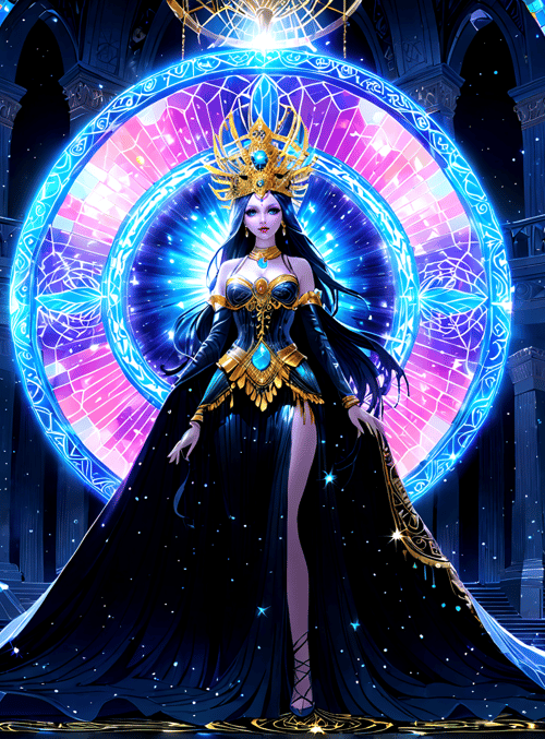 queen, crown, gown, sphere, butterfly, column, chandelier, stained glass, dress, orb