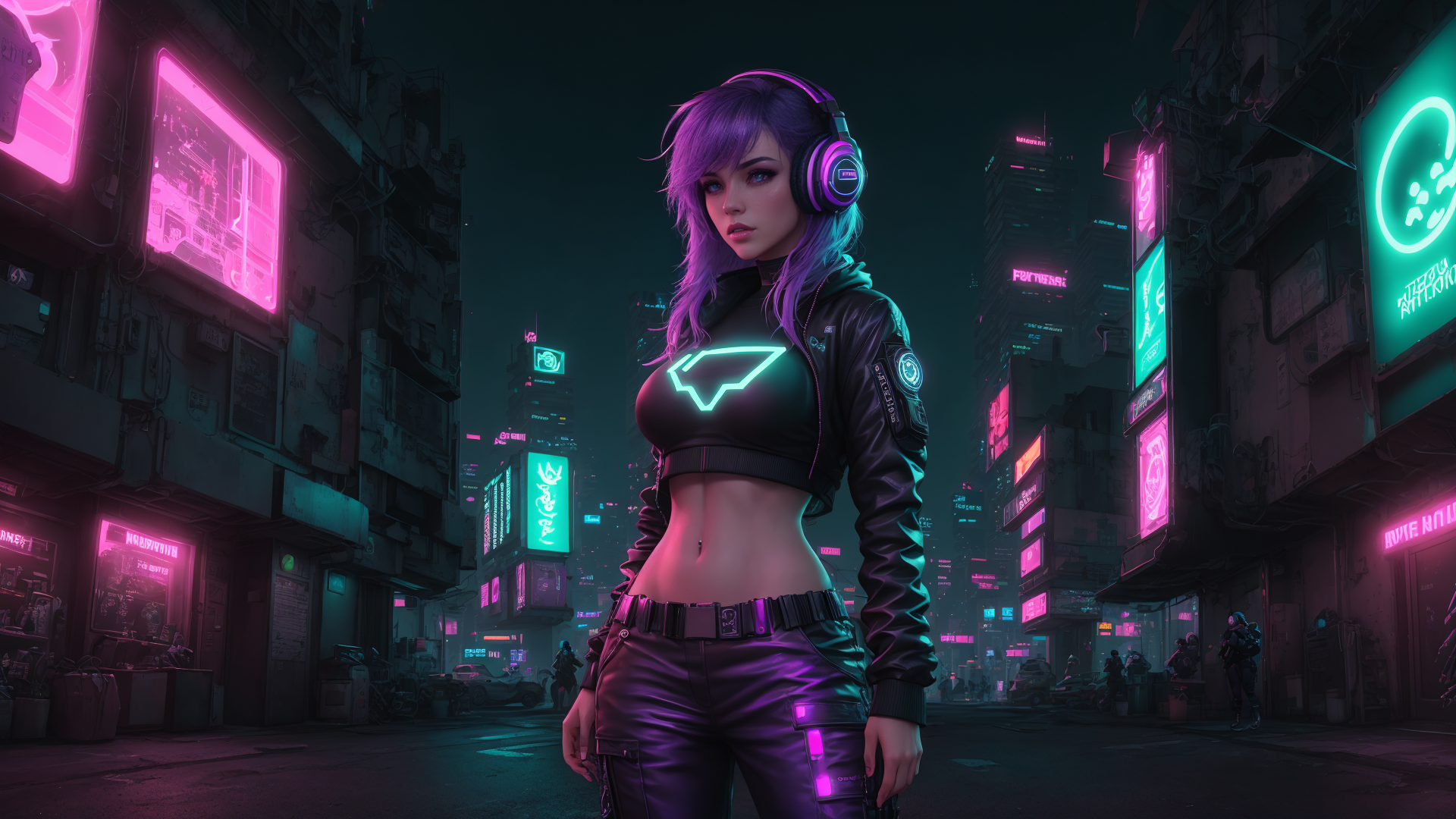 AI generated wallpaper featuring cyberpunk, woman, neon