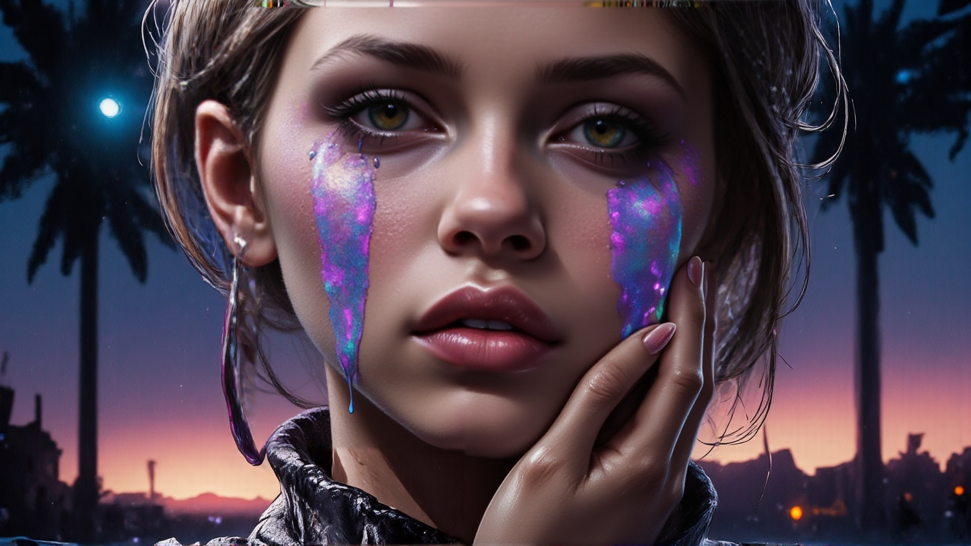 AI generated wallpaper featuring woman, tears, city