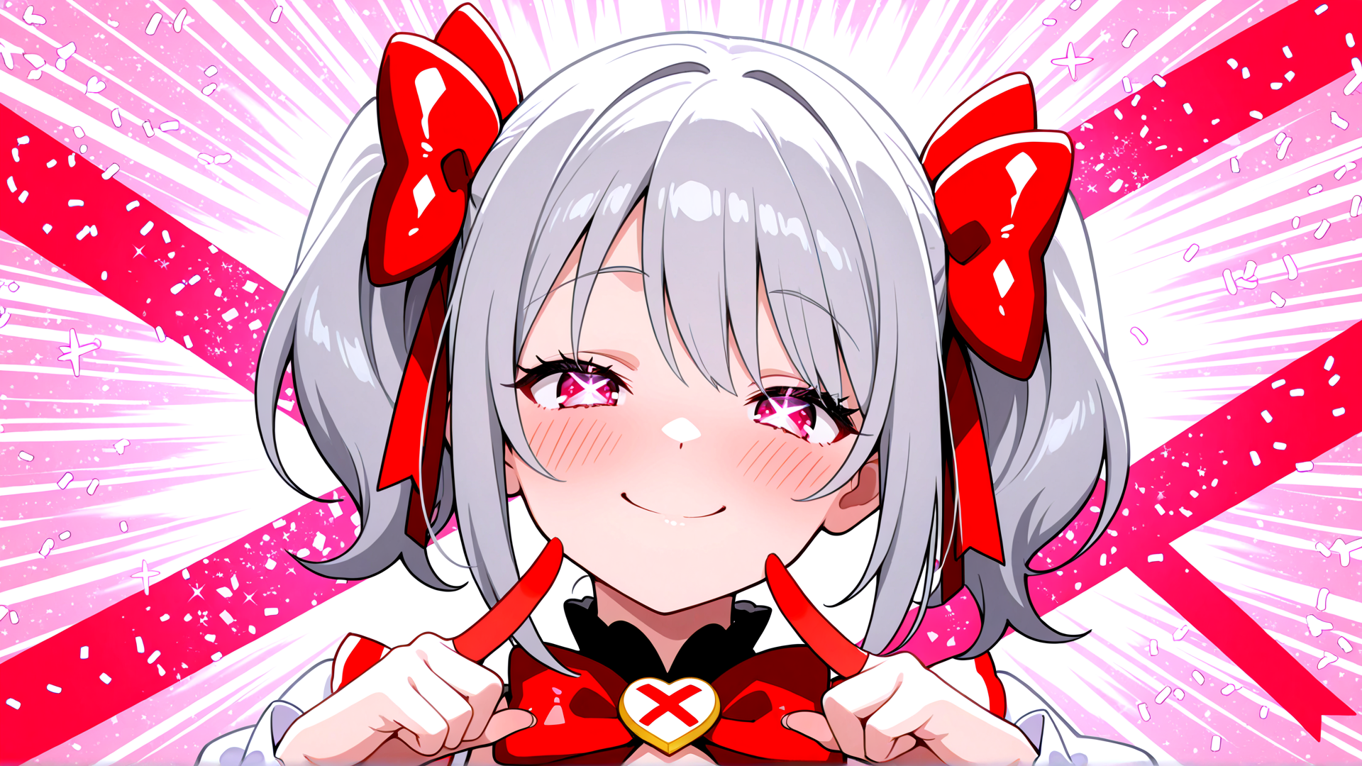 AI generated wallpaper featuring anime girl, silver hair, red bow, cheerful, pointing, heart