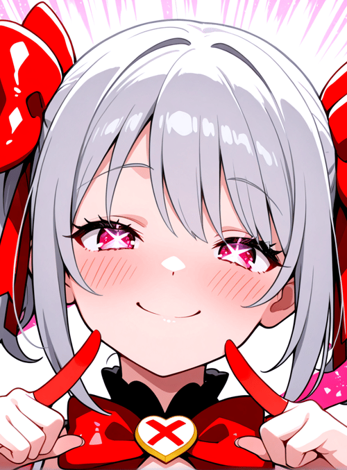 anime girl, silver hair, red bow, cheerful, pointing, heart