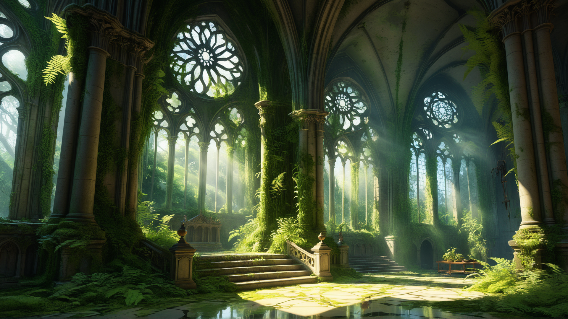 AI generated wallpaper featuring church, cathedral, columns, vines, ferns, stained glass, staircase, light beams, sunlight, greenery