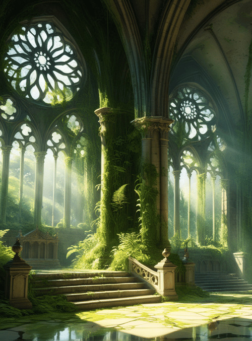 church, cathedral, columns, vines, ferns, stained glass, staircase, light beams, sunlight, greenery