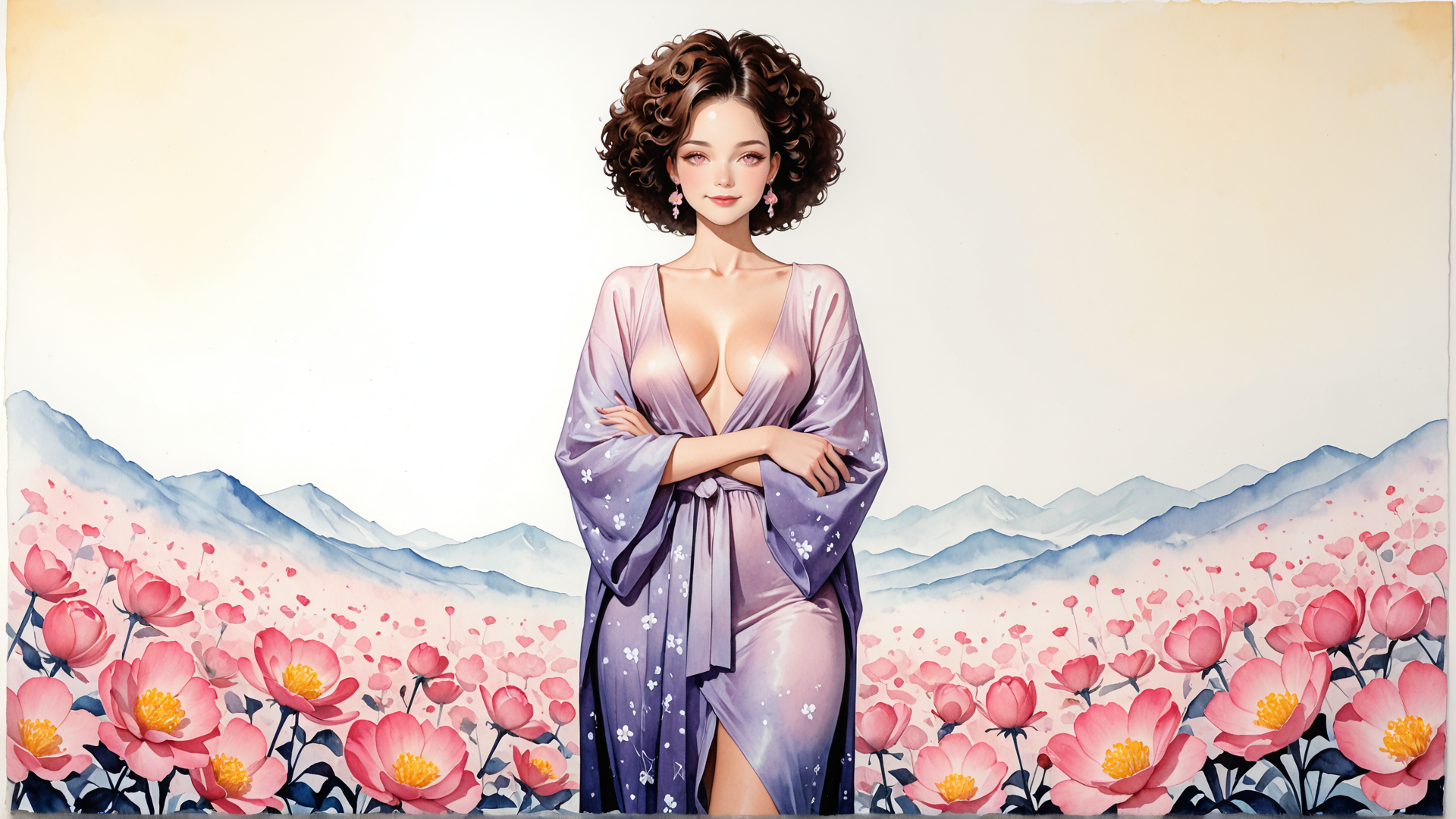 AI generated wallpaper featuring woman, flower, mountain, kimono, blossom