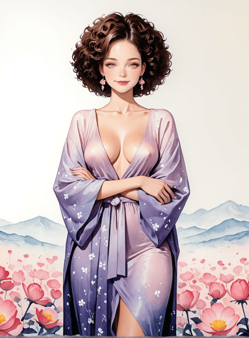 woman, flower, mountain, kimono, blossom
