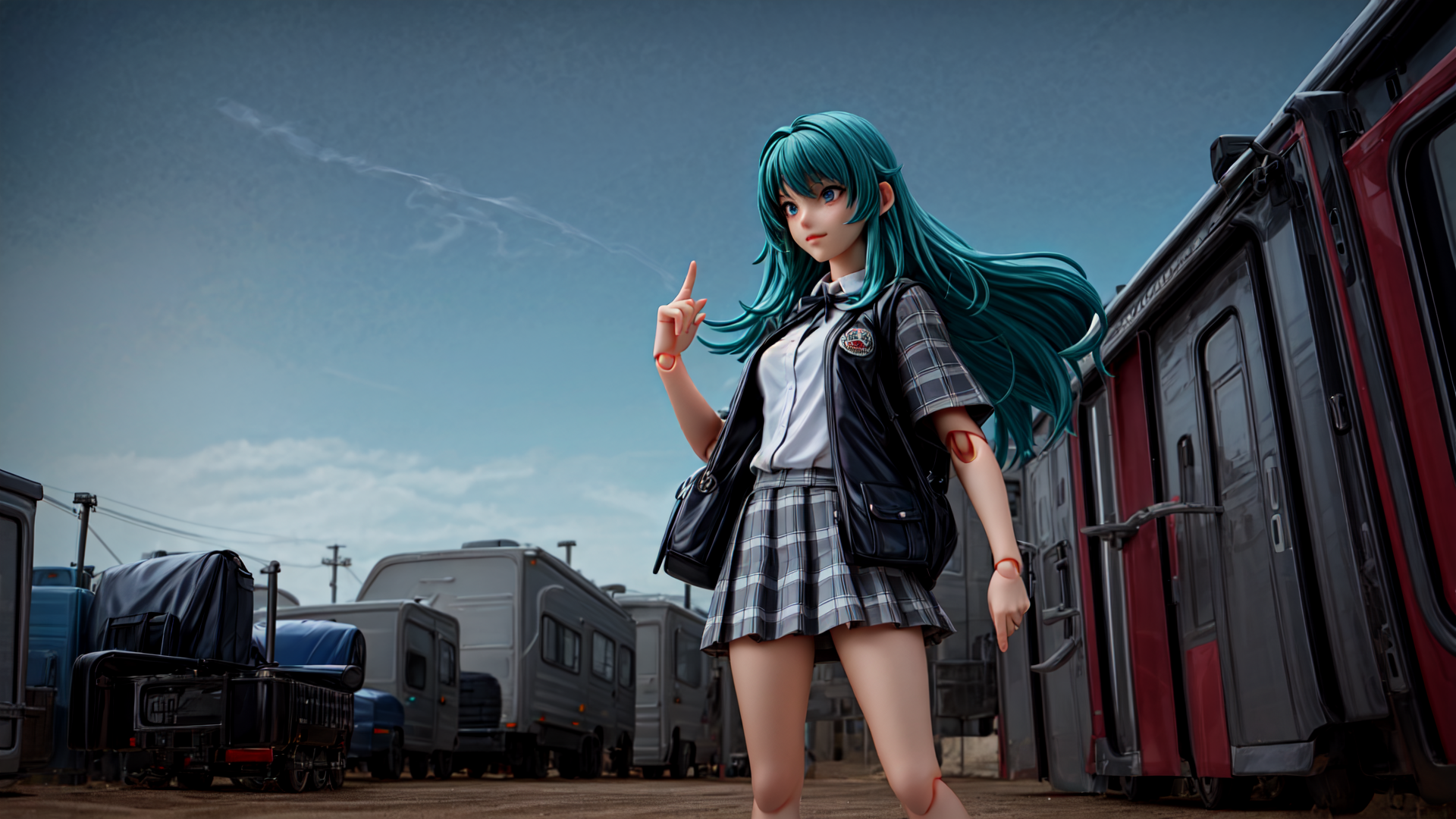 AI generated wallpaper featuring anime girl, school uniform, train, van, truck, skirt, jacket, hair, bag, finger